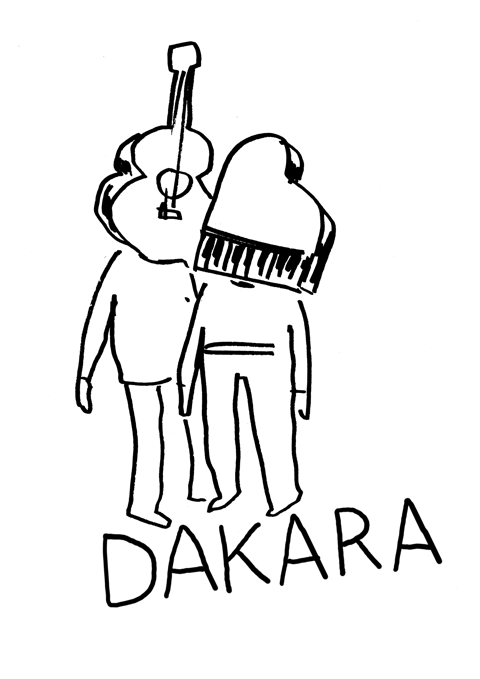 Two people with a piano and a guitar as heads, Dakara